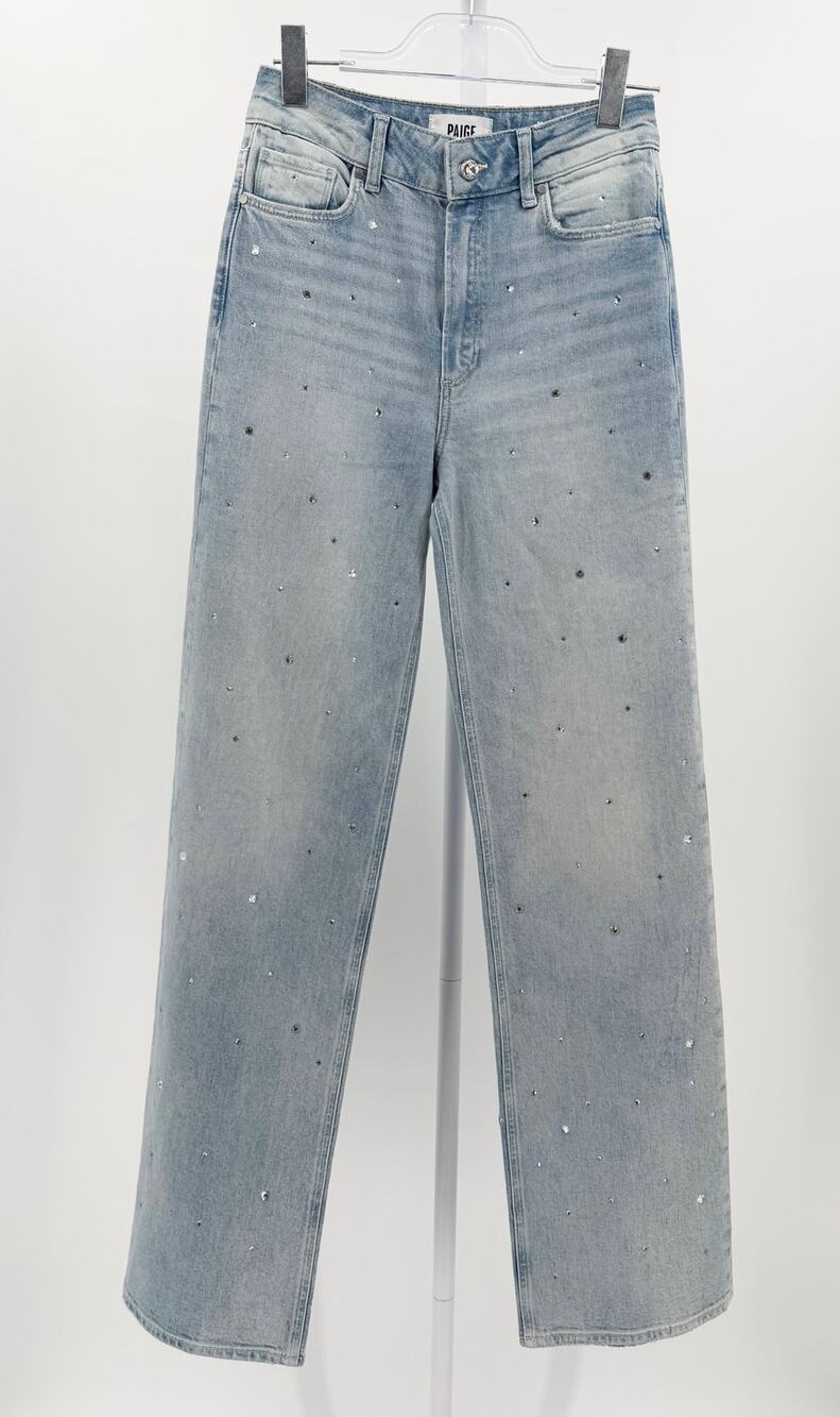 Paige Crystal Sasha High Rise Eza Embellished Jeans Wide Leg Blue 26 Party Glam